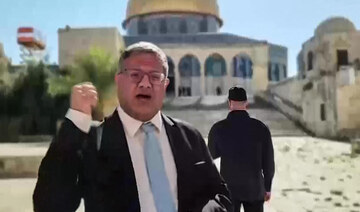 Israel’s National Security Minister Itamar Ben Gvir speaks at the Al-Aqsa mosque compound in Jerusalem. (File/AFP)