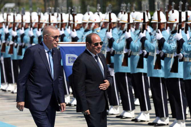 Turkish President Tayyip Erdogan and Egyptian President Abdel Fattah El-Sisi review a guard of honour during welcoming ceremony.